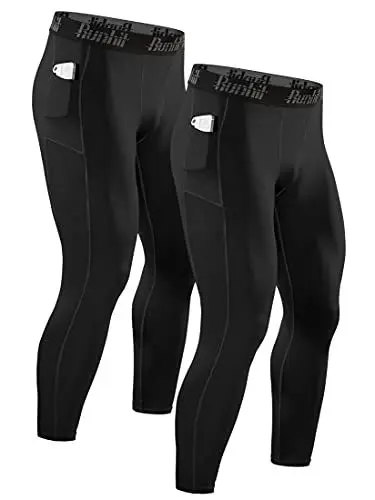 Produktbild: Runhit 2er Pack Kompressionshose Herren mit Taschen, Lange Tights Leggings Sporthose Laufhosen Atmungsaktiv Funktionsunterhose Trainingshose Grundschicht
