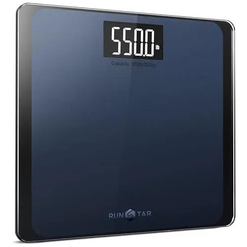 Produktbild: RunSTAR Digitale Personenwaage, hochpräzise Sensoren, 8 mm Sicherheitsglas, Tragkraft bis 250 kg, mit extragroßer Trittfläche und großem LCD-Display, Step-on-Technologie, blau-schwarz
