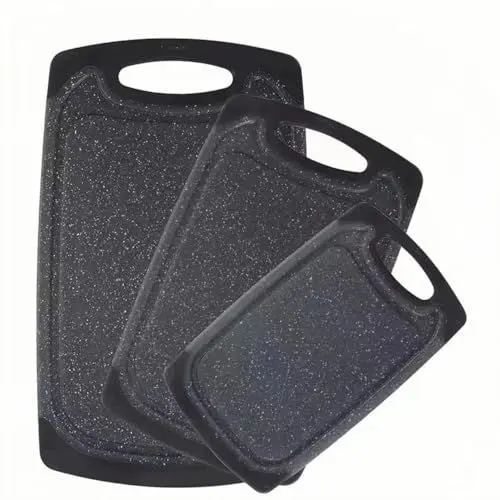 Produktbild: „RUNZI“-Schneidebretter (3er-Set), kleine bis extra große Schneidebretter für Küche, Fleisch, Gemüse, spülmaschinenfest, rutschfest, Tragegriff und kein BPA-Gummi-Schneidebrett-Set
