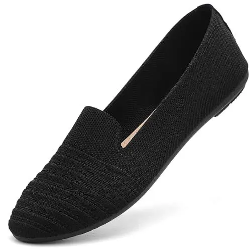 Produktbild: RUOMU Damen Ballerinas - Runde Zehe Knit Kleid Schuhe Slip On Flats - Atmungsaktive Bequem Ballerina, Schwarz, 39 EU