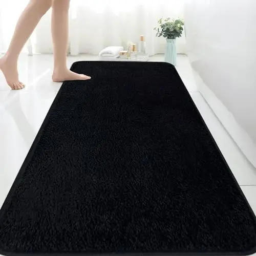 Produktbild: Rururug Badezimmermatte Weiche Mikrofaser Badematte, Badezimmerteppich Groß Bad Teppich 150x60cm, rutschfeste Waschbar Badvorleger, Schwarz