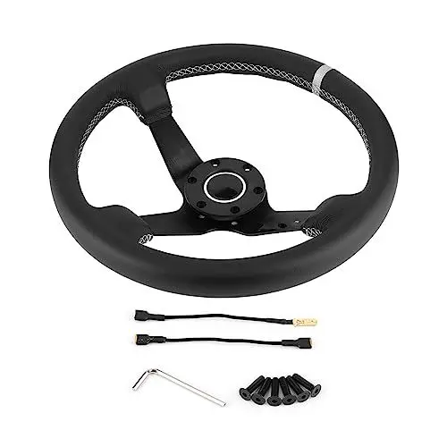Produktbild: Ruspela Rennsteuerungsrad 350Mm/ 14In Racing Lenkrad für Sparco- Stil 6- Bolzen Deep Teller Schwarzes Lederlenkrad mit Horn- Verbindungskabel