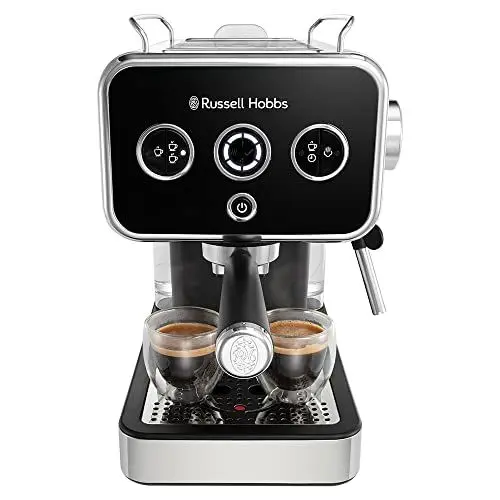 Produktbild: Russell Hobbs Espressomaschine (Siebträgermaschine) Distinction Edelstahl Schwarz (15 Bar, Einsatz 1 & 2 Tassen, ESE Pads, autom. Dosieren & man. Option, Dampfdüse f Heißwasser & Milchschaum) 26450-56