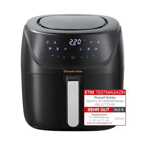 Produktbild: Russell Hobbs Heißluftfritteuse XXL 8L Rapid AirFryer (kompaktes Gehäuse,7 Kochfunktionen,10 Programme) SatisFry (spülmaschinenfest, max 220°C, Fritteuse ohne Öl, Grillen, Backen, Braten) 27170-56