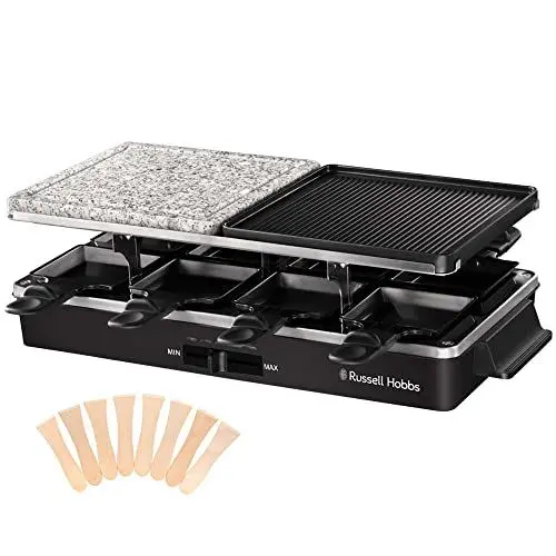 Produktbild: Russell Hobbs Raclette Grill 8 Personen (inkl. 8 Pfännchen und Holzspachtel, 2 Tischgrill-Platten) Multi-Grill (Naturstein mit Saftrinne, antihaftbeschichtete Wendeplatte geriffelt) Schwarz,26280-56