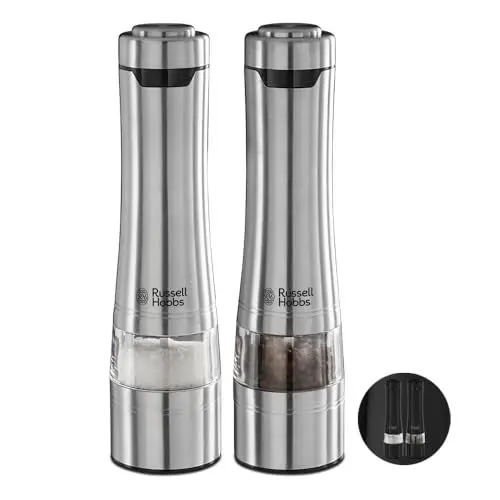 Produktbild: Russell Hobbs Salz und Pfeffer Mühle elektrisch (2er Set) Edelstahl (Keramikmahlwerk für getrocknete Gewürze & Kräuter, Mahlgrad einstellbar fein bis grob, LED Beleuchtung) Gewürzmühlen 23460-56