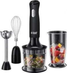 Produktbild: Russell Hobbs Stabmixer (3-in-1: Pürierstab/Zerkleinerer, Mixer- & Schneebesenaufsatz) Matt Schwarz (BPA-freies & spülmaschinenfestes Zubehör, für Smoothie, Suppen Saucen, Joghurt Babynahrung)24702-56