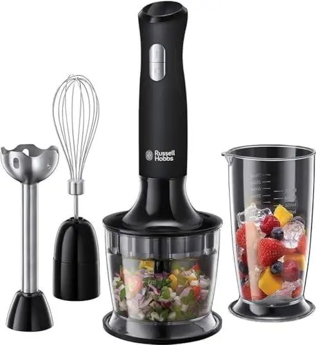 Produktbild: Russell Hobbs Stabmixer (3-in-1: Pürierstab/Zerkleinerer, Mixer- & Schneebesenaufsatz) Matt Schwarz (BPA-freies & spülmaschinenfestes Zubehör, für Smoothie, Suppen Saucen, Joghurt Babynahrung)24702-56