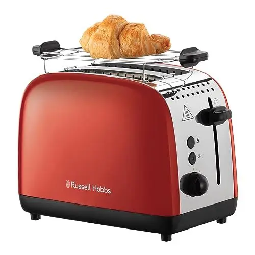 Produktbild: Russell Hobbs Toaster (für 2 Scheiben) Colours Plus Edelstahl Rot (extra breite Toastschlitze, inkl. Brötchenaufsatz, 6 Bräunungsstufen + Auftaufunktion, Lift & Look-Funktion, 1600W) 26554-56