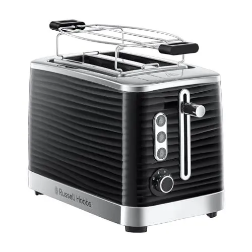 Produktbild: Russell Hobbs Toaster (für 2 Scheiben) Inspire Schwarz mit hochwertiger Hochglanz-Struktur (extra breite Toastschlitze, inkl. Brötchenaufsatz, 6 Bräunungsstufen + Auftau- & Aufwärmfunktion) 24371-56