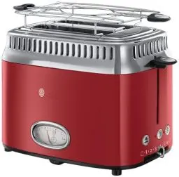 Produktbild: Russell Hobbs Toaster (für 2 Scheiben) Retro Edelstahl Rot (Countdown-Anzeige im Retrodesign, inkl. Brötchenaufsatz, 6 Bräunungsstufen + Auftau- & Aufwärmfunktion, 1300W) Vintage 21680-56