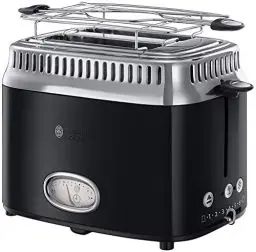 Produktbild: Russell Hobbs Toaster (für 2 Scheiben) Retro Edelstahl Schwarz (Countdown-Anzeige im Retrodesign, inkl. Brötchenaufsatz, 6 Bräunungsstufen + Auftau- & Aufwärmfunktion, 1300W) Vintage 21681-56