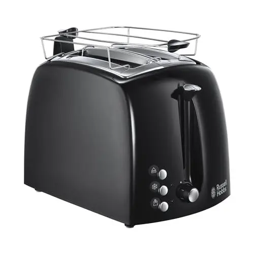 Produktbild: Russell Hobbs Toaster (für 2 Scheiben) Textures+ (extra breite Toastschlitze, inkl. Brötchenaufsatz & integrierte Toast-Zange, 6 Bräunungsstufen + Auftau- & Aufwärmfunktion, 850W) 22601-56