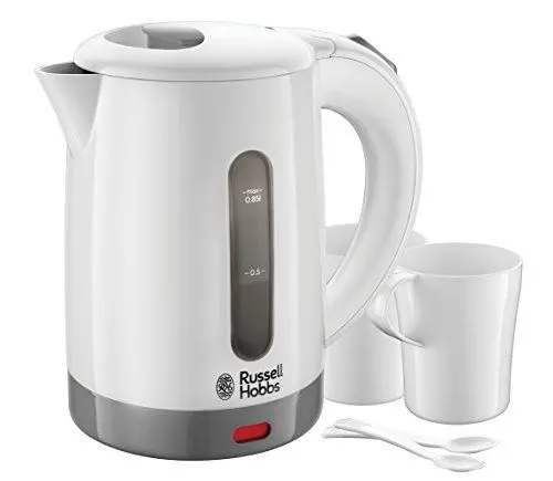 Produktbild: Russell Hobbs Wasserkocher klein (0,85l Reisewasserkocher mit weltweiter Spannungsanpassung) Travel (1000W, inkl. 2 Tassen & 2 Teelöffel, optimierte Ausgusstülle, kompakter kleiner Teekocher) 23840-70