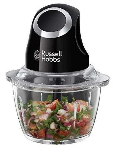 Produktbild: Russell Hobbs Zerkleinerer elektrisch Mini (Glasbehälter inkl. Aufbewahrungsdeckel) Matt Schwarz (500ml, Gemüsezerkleinerer, Mixer, Multi-& Universalzerkleinerer f. Gemüse, Obst & Fleisch) 24662-56