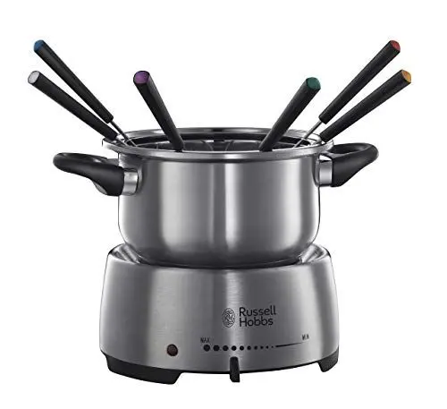 Produktbild: Russell Hobbs Fondue elektrisch Set (Käsefondue, Schokofondue oder Öl-/Brühe-Fondue) Fiesta (inkl. 6 farbige Gabeln, spülmaschinenfester & antihaftbeschichteter 1,2l Edelstahl-Topf, 1200W) 22560-56