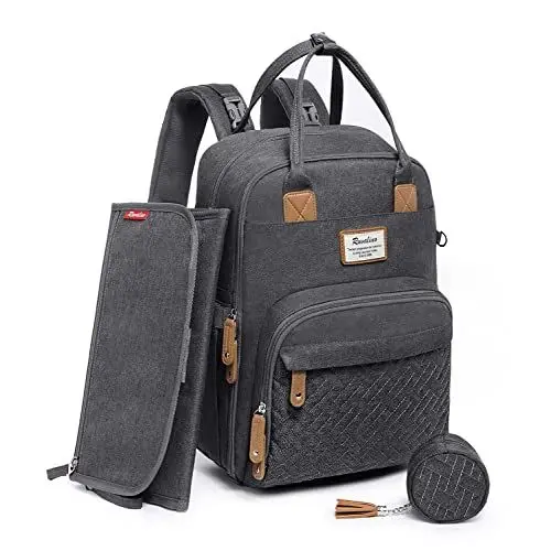 Produktbild: RUVALINO Baby Wickelrucksack Wickeltasche Rucksack mit tragbarer Wickelauflage, Schnullerhalter und Kinderwagengurten, Babytasche Multifunktional für Mama und Papa, Dunkelgrau