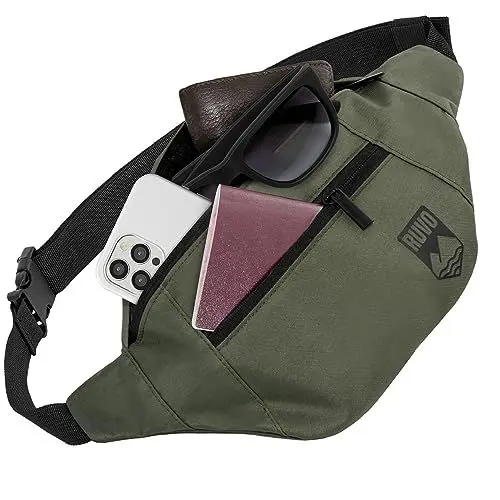 Produktbild: RUVO® Bauchtasche Herren und Damen | stylische Gürteltasche für maximalen Stauraum | 4 Fächer jeweils mit Reißverschluss | für alle Aktivitäten geeignet