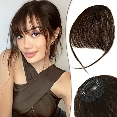 Produktbild: RUWISS Clip in Pony 100% Haarteil Echthaar Clip in Bangs mit Schläfen Remy Echthaar Fringe Bangs für Frauen Pony Extension Echthaar für Damen(DunkelBraun)