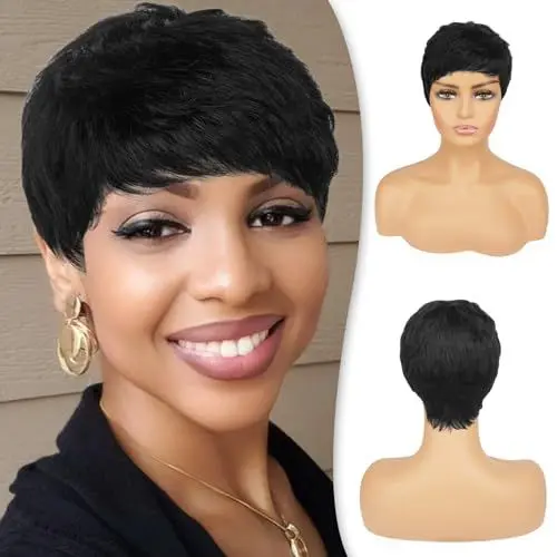 Produktbild: RUWISS Pixie Cut Perücke Echthaarperücken mit Pony Echthaarperücke Natürliche Kurze Schwarze Perücke Geschichtet Gewellt Verschiedene Stil Kurze Perücken für Schwarze Frauen (1B#)