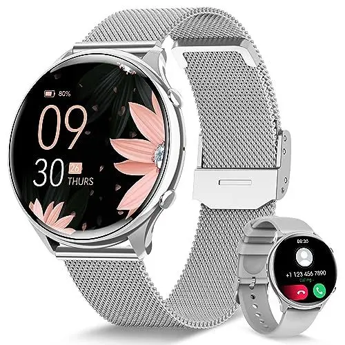 Produktbild: RUXINGX Smartwatch Damen mit Telefonfunktion, HD Voll Touchscreen, Armbanduhr mit 120 Sportmodi Pulsuhr SpO2 Schlafmonitor Menstruationszyklus, Fitness Tracker für Android iOS Silber