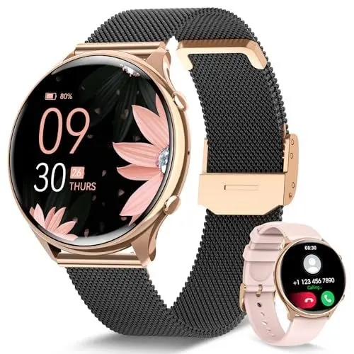 Produktbild: RUXINGX Smartwatch Damen mit Telefonfunktion, HD Voll Touchscreen, Fitness Tracker mit 120 Sport SpO2 Pulsuhr Schlafmonitor Menstruationszyklus, Armbanduhr für iOS Android Schwarz Roségold