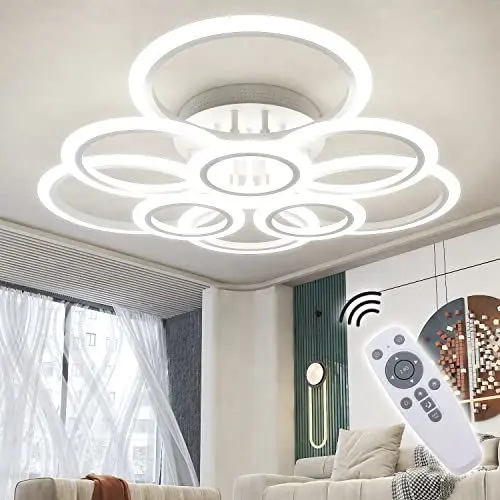 Produktbild: RUYI Modern LED Deckenleuchte Dimmbar mit Fernbedienung 9-Ring Deckenleuchte 120W 10800LM, Deckenlampe für Wohnzimmer, Schlafzimmer, Küche, Flur, Balkon, Esszimmer, Weiß, 2800-7000K