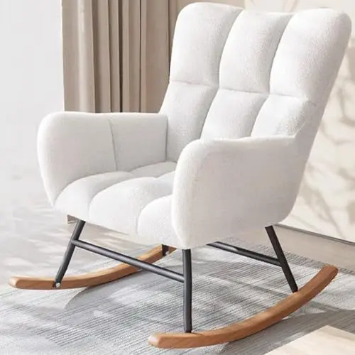 Produktbild: RUYICZB Schaukelstuhl, Schaukelsessel, Schaukelstühle Teddystoff, Relaxstuhl Stillsessel Mit Holzsockel & Metallrahmen, Relaxsessel Für Wohnzimmer Schlafzimmer Hotel,Weiß
