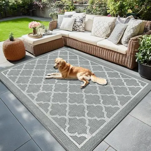 Produktbild: RV MURTS Outdoor Teppich Wetterfest, Leichtgewicht Camping Teppich, Außenteppich Wasserdichter für Balkon Terassen Garten Patio, Waschbar&UV-Beständig Tragbare Outdoor Matte, 80x150CM Graue Gitter.