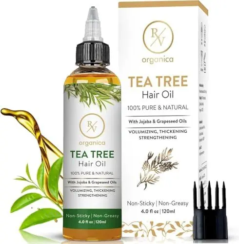 Produktbild: RV Organica Teebaumöl für das Haar | Mit Jojoba- und Traubenkernöl | Beruhigt trockene Kopfhaut und bekämpft Schuppen | Gentechnikfrei verifiziert | 4.05 Fl Oz (120ml)