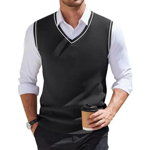 Produktbild: RWIOKS Herren Strickweste Pullunder mit V-Ausschnitt Feinstrick Sweater Ärmellos Elegant Herbst Weste Slim Fit Jumper Pullover Männer Klassisch Wollweste