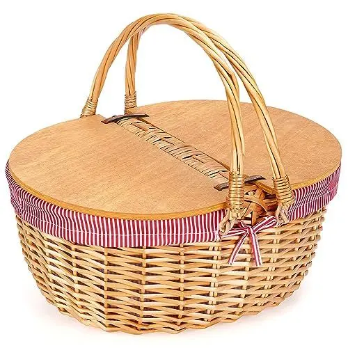 Produktbild: RXMORI Picknickkorb mit Einlage, Weiden-Picknickkörbe mit Geteiltem Holzdeckel, Weiden-Picknickkorb, Garten-Erntekorb, Leerer Großer Aufbewahrungskorb für Picknick, Camping(#1)