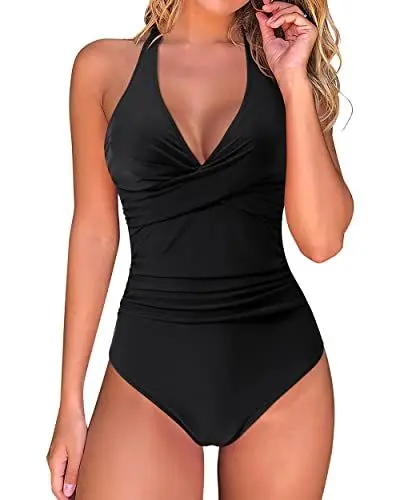 Produktbild: RXRXCOCO Badeanzug Damen Bauchweg Push Up Shape Bademode Neckholder Badeanzug Rückenfrei Schwarz Size XL
