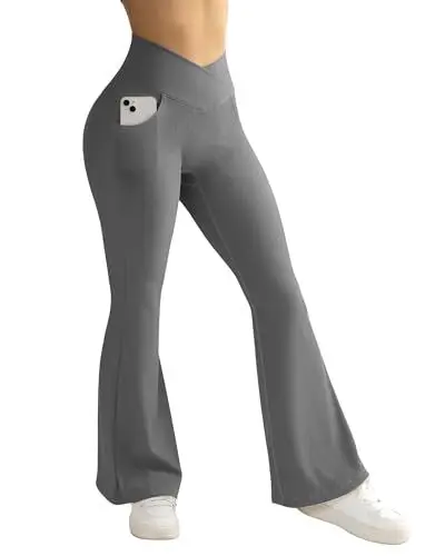 Produktbild: RXRXCOCO Damen Gerippte Cross Waisted Schlaghose Yoga Hose Flared Leggings Bootcut Hose mit Taschen Lang Sporthose Laufhose Grau L