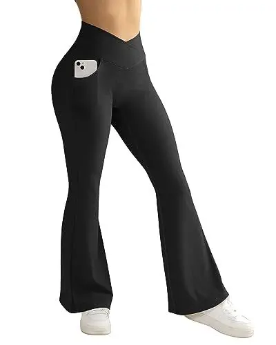 Produktbild: RXRXCOCO Damen Gerippte Cross Waisted Schlaghose Yoga Hose Flared Leggings Bootcut Hose mit Taschen Lang Sporthose Laufhose Schwarz M