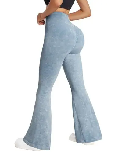Produktbild: RXRXCOCO Damen High Waist Schlaghose Yoga Hose Flared Leggings Bootcut Hose Push Up Scrunch Booty Lang Sporthose Laufhose Seeblau M
