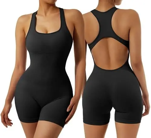 Produktbild: RXRXCOCO Gerippte Jumpsuit Damen Eng Tank Rückenfreie Padded Overall Bauchweg Kurz Yoga Sport Einteiler Romper Schwarz M