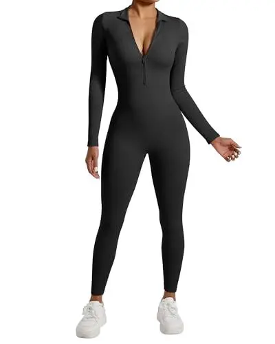 Produktbild: RXRXCOCO Gerippte Langarm Jumpsuits Damen mit Reißverschluss Eng Rundhalsausschnitt Einteiler Bauchweg Sport Yoga Overall Romper Schwarz L