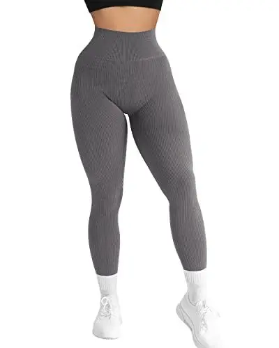 Produktbild: RXRXCOCO High Waist Gerippte Sport Leggings Damen Lang Blickdicht Nahtlose Kompressions Sporthose Gym figurbetonte Laufhose