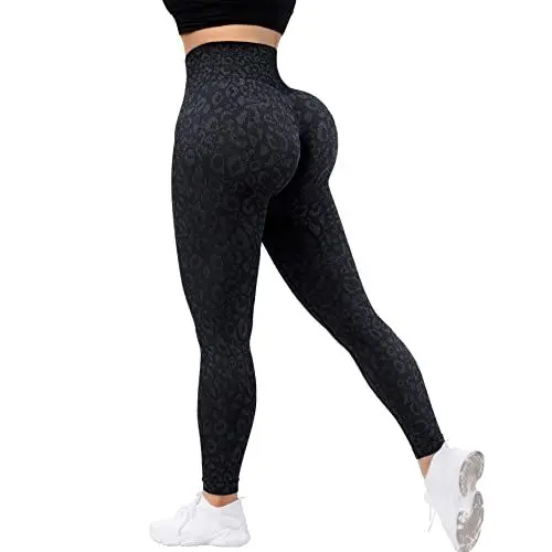 Produktbild: RXRXCOCO High Waist Sport Leggings Damen Lang Blickdicht Push Up Sporthose Scrunch Booty Gym Laufhose #9 Schwarz Leopardenmuster（M）