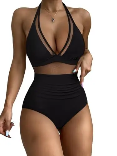 Produktbild: RXRXCOCO Mesh Badeanzug Damen Sexy Bauchweg Push Up Shape Bademode Neckholder Rückenfrei Badeanzug Mit Cups Monokini Swimsuit Schwarz Size L
