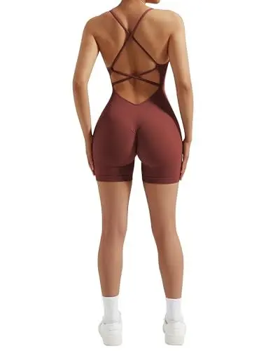 Produktbild: RXRXCOCO Spaghetti Strap Ärmellos Gerippte Push Up Scrunch Booty Jumpsuit Damen Eng Rückenfreie Padded Overall Bauchweg Kurz Yoga Sport Einteiler Romper Karamell M