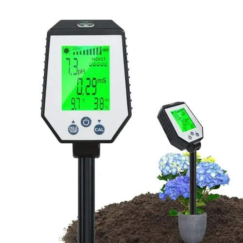Produktbild: RYAKKA 6-In-1 Digital Bodentester Drehbar– Genaues Ph-, Feuchtigkeits-, Temperatur-, Licht- Und Ec-MessgeräT FüR Innen- Und AußEngäRtnerei, GewäChshäUser, BauernhöFe Und RasenfläChen