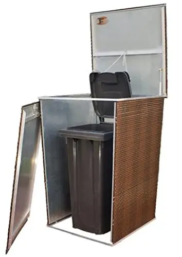 Produktbild: Mülltonnenverkleidung Rattanoptik für 120L–240L Tonnen – wetterfeste Mülltonnenbox aus Metall & Polyrattan – braun – mit Gasdruckfeder – RYBE
