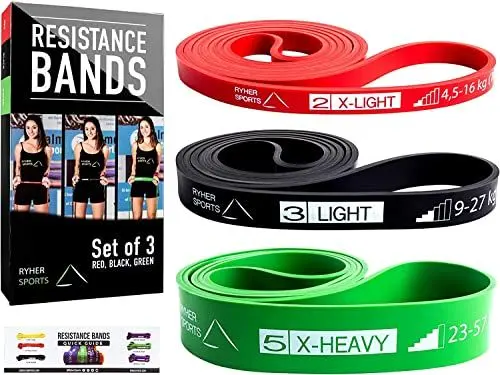 Produktbild: Ryher unterstützendes Klimmzugband - Dehnbares Widerstandsband – für Fitness, Crossfit, zum Klimmzüge Machen, tragbares Band für den Kraftdreikampf (Set aus 3: #2 Rot, #3 Schwarz und #5 Grün)