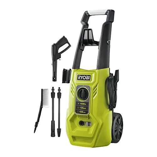 Produktbild: RYOBI 1600 W Elektro-Hochdruckreiniger RY130PWA (130 bar Druck, 420 l/h Födermenge, 40 Wassertemperatur, Aluminiumpumpe, 5m stahlarmierter Schlauch, 5m Kabel, Vario- und Turbo-Lanze, Universalbürste)