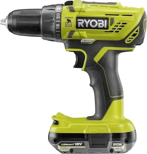 Produktbild: RYOBI 18 V ONE+ Akku-Schlagbohrschrauber R18PD32-1C20G (2-Gang-Getriebe, Drehmoment 50Nm, Drehmomentstufen 24, Schnellspannbohrfutter 13mm aus Metall, inkl. 1x 2,0Ah Akku und Ladegerät)