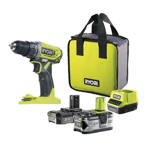 Produktbild: RYOBI 18 V ONE+ Akku-Bohrschrauber R18DD2-242S (2-Gang-Getriebe, max. Drehmoment 40 Nm, Drehmomentstufen 24, Bohrfutter 10 mm, inkl. 1 x 4,0Ah & 1 x 2,0Ah Akku & Ladegerät in Werkzeugtasche)