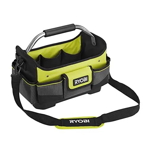 Produktbild: RYOBI Werkzeugtrage Größe S RSSSOT1 (3x offene Innentaschen, 5x elastische Befestigungsbänder innen, 3x Fronttaschen, 3x Rückentaschen, 1x seitliche offene Tasche in jeder Seite, 1x Maßbandhalter)