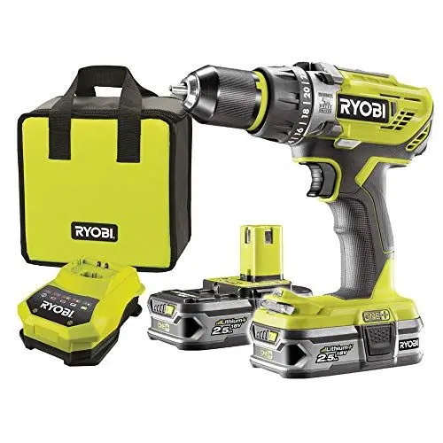 Produktbild: Ryobi 5133003345 Schlagbohrschrauber (2X Akku 2,5 Ah, 18 V, Schlagbohrfunktion, mit Ladegerät, LED-Beleuchtung) R18PD3-225S, Grau